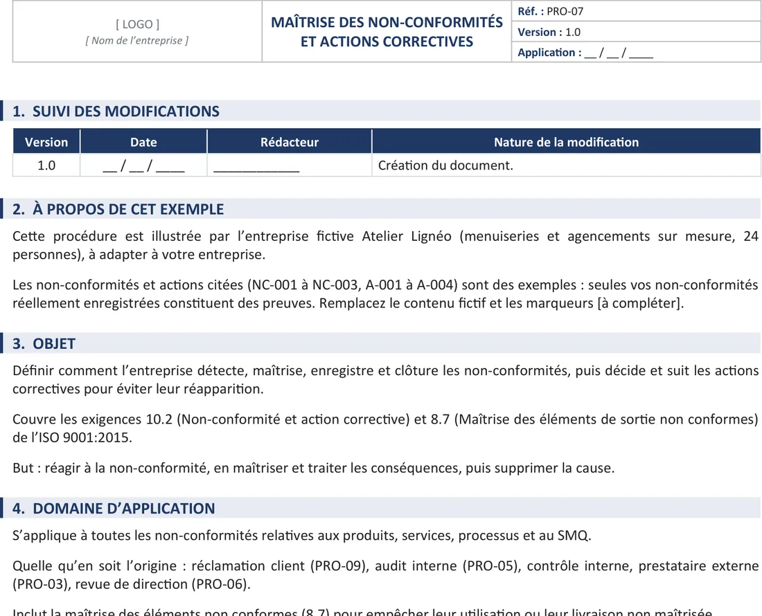 Procédure de maîtrise des non-conformités : cartouche, suivi des modifications, objet et domaine, avec renvoi aux clauses 10.2 et 8.7 de la norme.